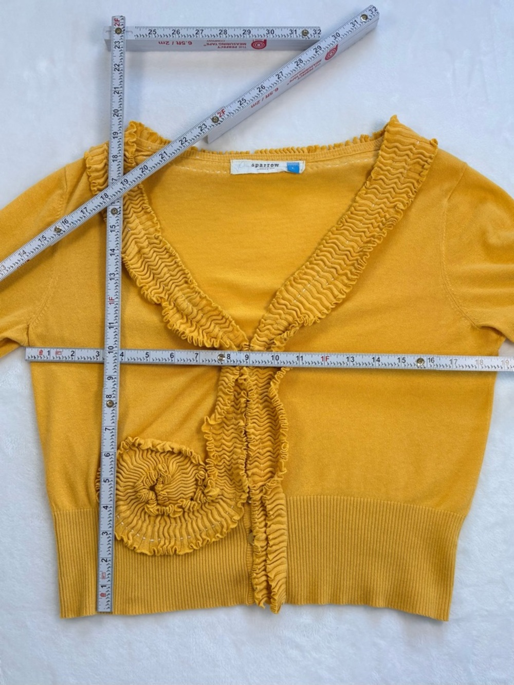 SPARROW ANTHROPOLOGIE Ruffle Cotton Cardigan Mustard Yellow Button Front Large - Picture 8 of 8